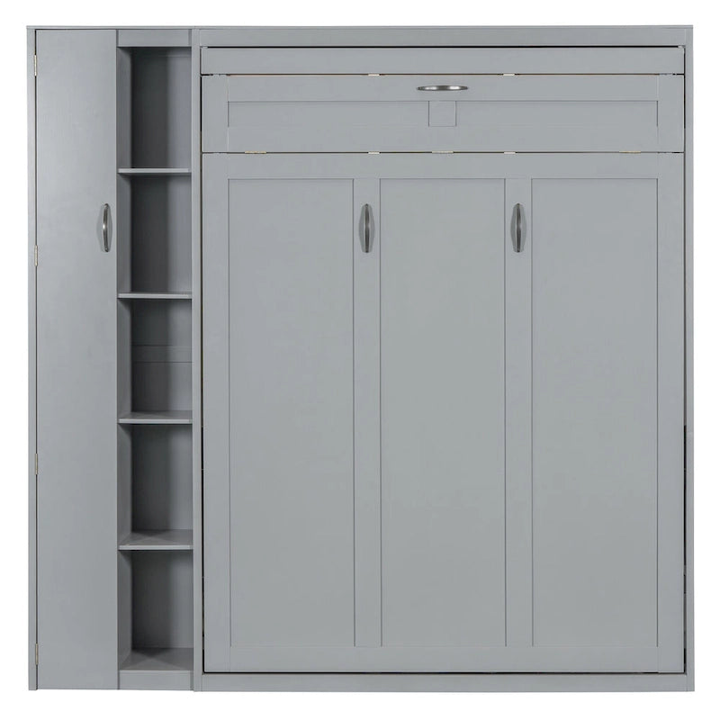 Full/Queen Size Murphy Bed Wall Bed with Small Wardrobe and LED Lights, Foldable Murphy Cabinet Bed with Storage Shelves