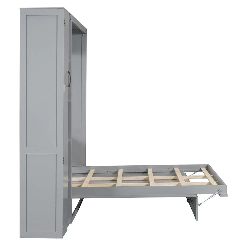 Full/Queen Size Murphy Bed Wall Bed with Small Wardrobe and LED Lights, Foldable Murphy Cabinet Bed with Storage Shelves