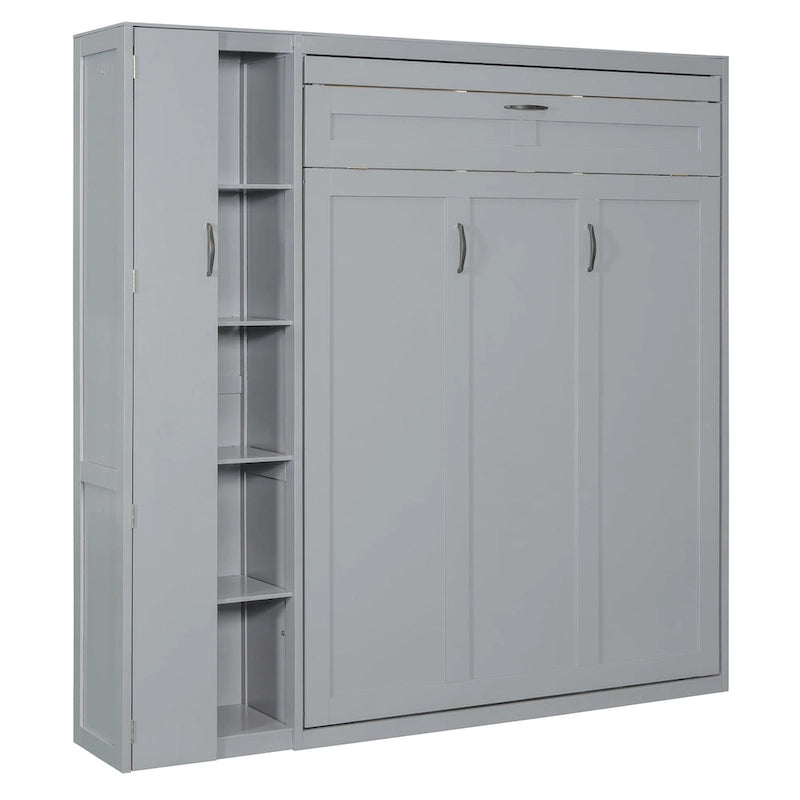 Full/Queen Size Murphy Bed Wall Bed with Small Wardrobe and LED Lights, Foldable Murphy Cabinet Bed with Storage Shelves