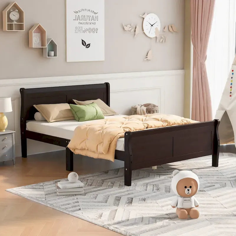 Queen Size Wood Platform Bed with Headboard and Wooden Slat Support, Oak