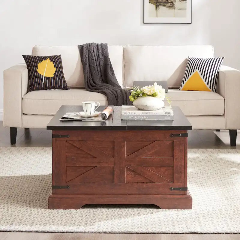 Farmhouse Coffee Table Square Wooden Table with Large Hidden Storage Compartment Hinged Lift Table Top, for Living Room