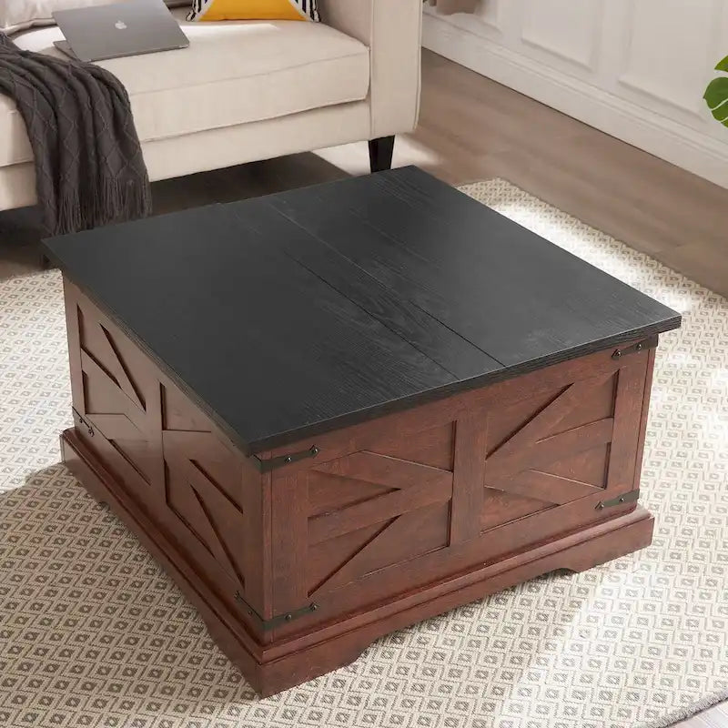 Farmhouse Coffee Table Square Wooden Table with Large Hidden Storage Compartment Hinged Lift Table Top, for Living Room