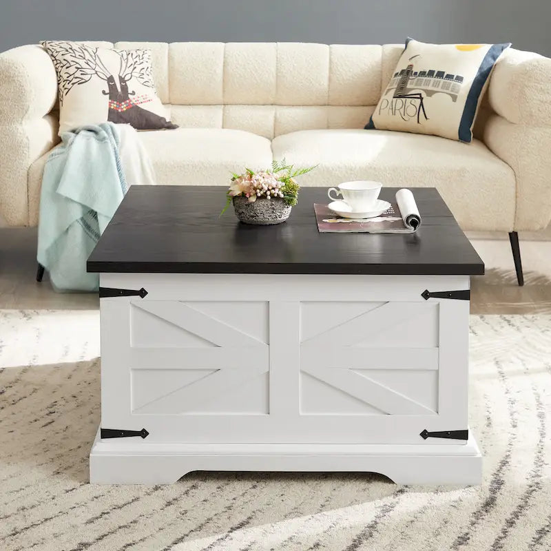 Farmhouse Coffee Table Square Wooden Table with Large Hidden Storage Compartment Hinged Lift Table Top, for Living Room