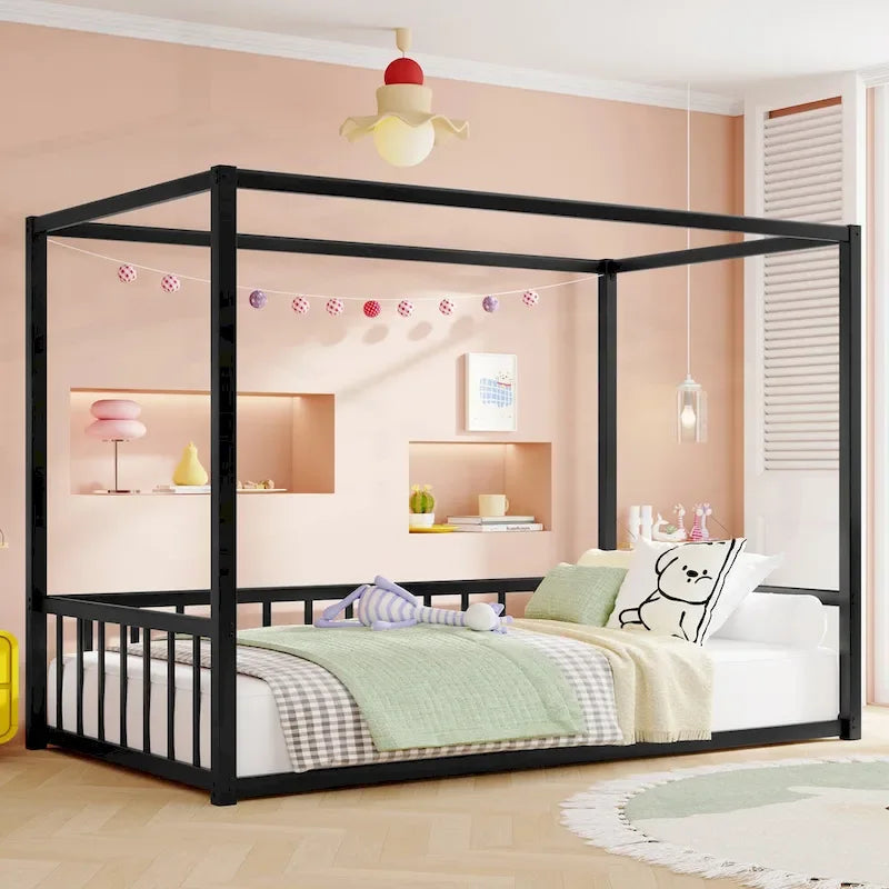 Modern Iron Double-Size Floor Bed with Multi-Functional Guardrails and Stable Structure