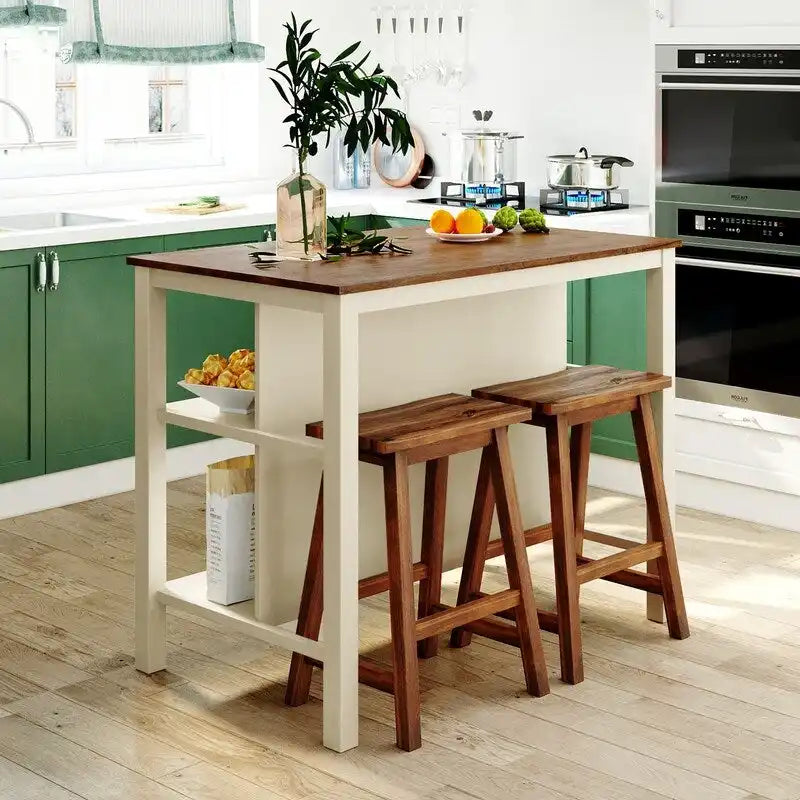 Rustic 3-Piece Solid Wood Kitchen Island Set  45 Stationary Butcher Block Table With Two Seating Stools & Dual Open Shelves.