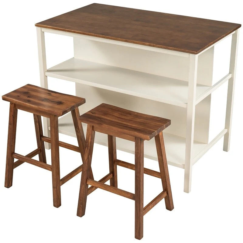 Rustic 3-Piece Solid Wood Kitchen Island Set  45 Stationary Butcher Block Table With Two Seating Stools & Dual Open Shelves.