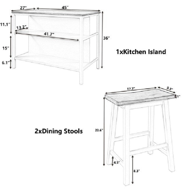 Rustic 3-Piece Solid Wood Kitchen Island Set  45 Stationary Butcher Block Table With Two Seating Stools & Dual Open Shelves.