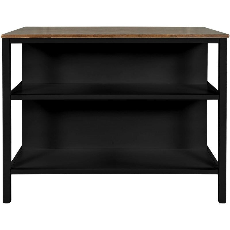 Rustic 3-Piece Solid Wood Kitchen Island Set  45 Stationary Butcher Block Table With Two Seating Stools & Dual Open Shelves.