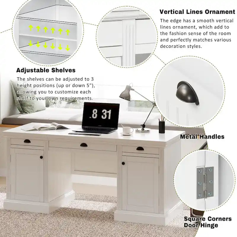 Modern Executive Desk,Computer Desk with 2 Storage Cabinet and 3 Drawers