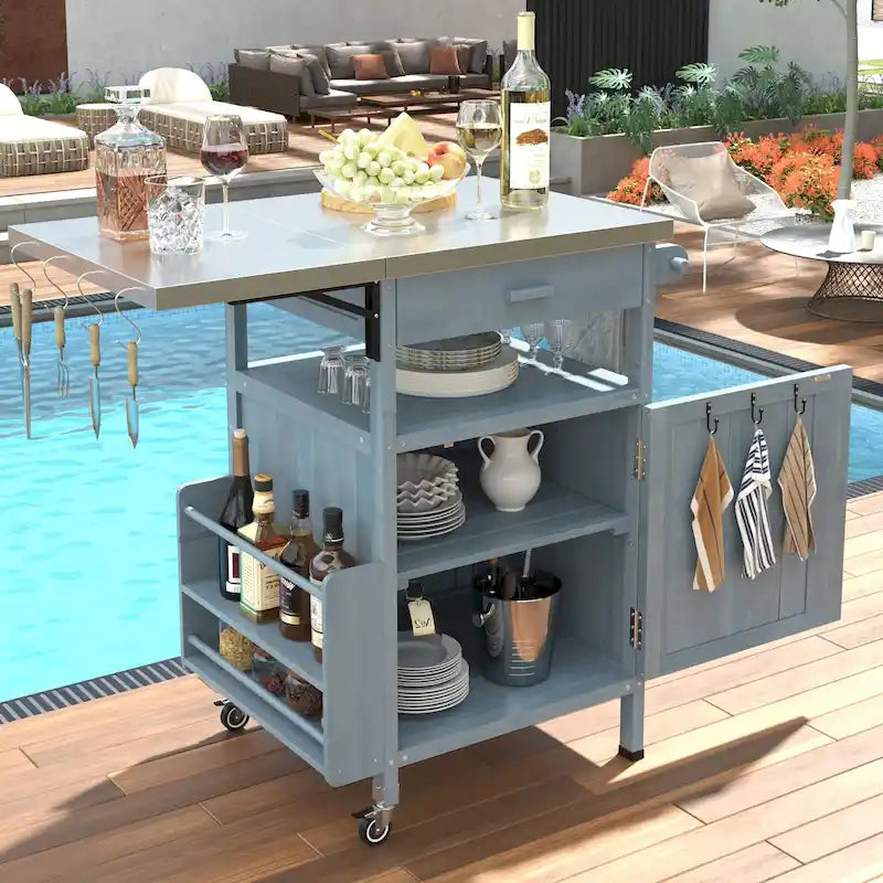 40.5 Outdoor Grill Cart with Stainless Steel Top, Drop Leaf, One Drawer, Towel Rack, Rolling Kitchen Cart with Lockable Wheels