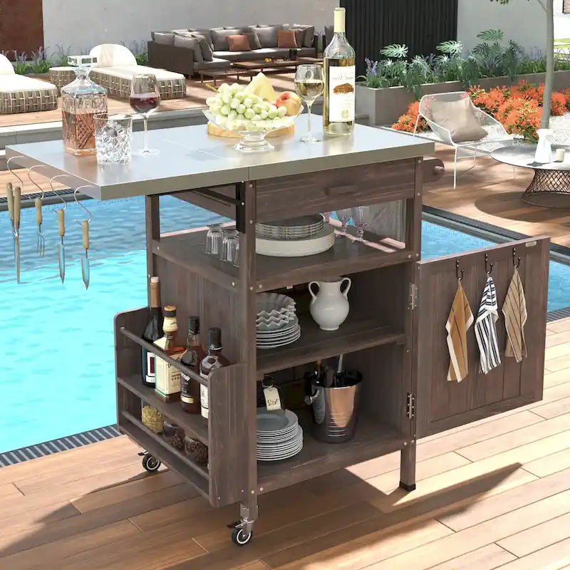 40.5 Outdoor Grill Cart with Stainless Steel Top, Drop Leaf, One Drawer, Towel Rack, Rolling Kitchen Cart with Lockable Wheels