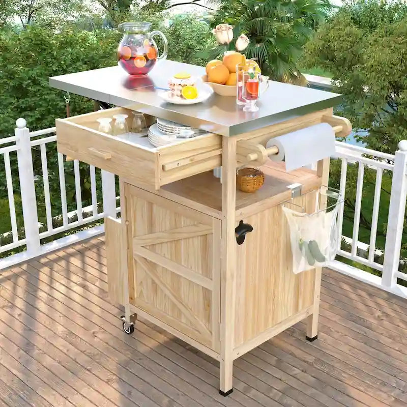 40.5 Outdoor Grill Cart with Stainless Steel Top, Drop Leaf, One Drawer, Towel Rack, Rolling Kitchen Cart with Lockable Wheels