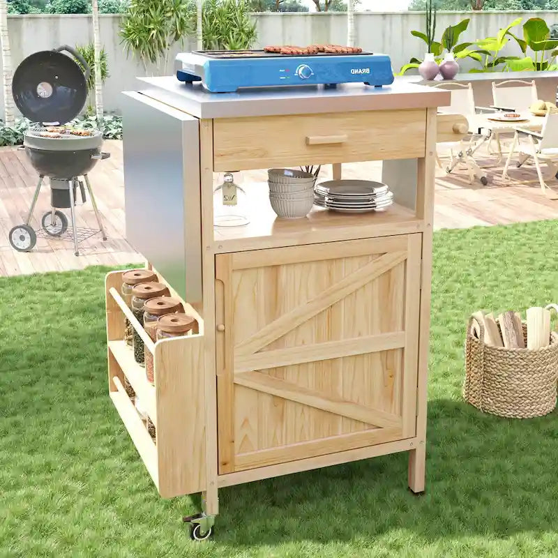 40.5 Outdoor Grill Cart with Stainless Steel Top, Drop Leaf, One Drawer, Towel Rack, Rolling Kitchen Cart with Lockable Wheels