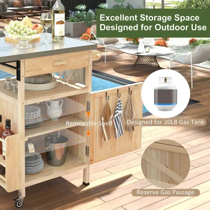 40.5 Outdoor Grill Cart with Stainless Steel Top, Drop Leaf, One Drawer, Towel Rack, Rolling Kitchen Cart with Lockable Wheels