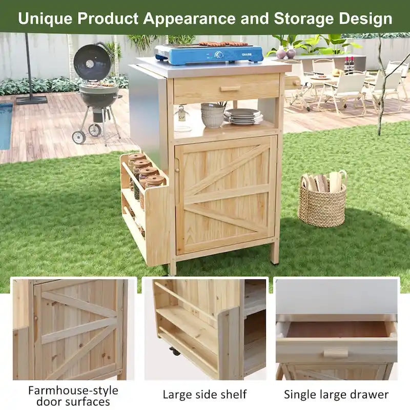 40.5 Outdoor Grill Cart with Stainless Steel Top, Drop Leaf, One Drawer, Towel Rack, Rolling Kitchen Cart with Lockable Wheels