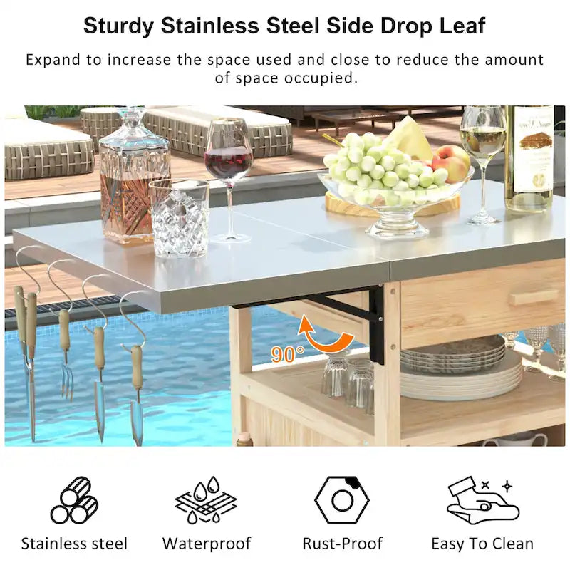 40.5 Outdoor Grill Cart with Stainless Steel Top, Drop Leaf, One Drawer, Towel Rack, Rolling Kitchen Cart with Lockable Wheels