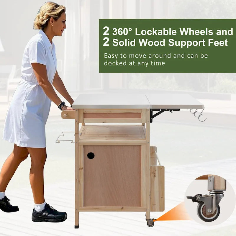 40.5 Outdoor Grill Cart with Stainless Steel Top, Drop Leaf, One Drawer, Towel Rack, Rolling Kitchen Cart with Lockable Wheels
