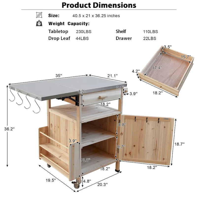 40.5 Outdoor Grill Cart with Stainless Steel Top, Drop Leaf, One Drawer, Towel Rack, Rolling Kitchen Cart with Lockable Wheels