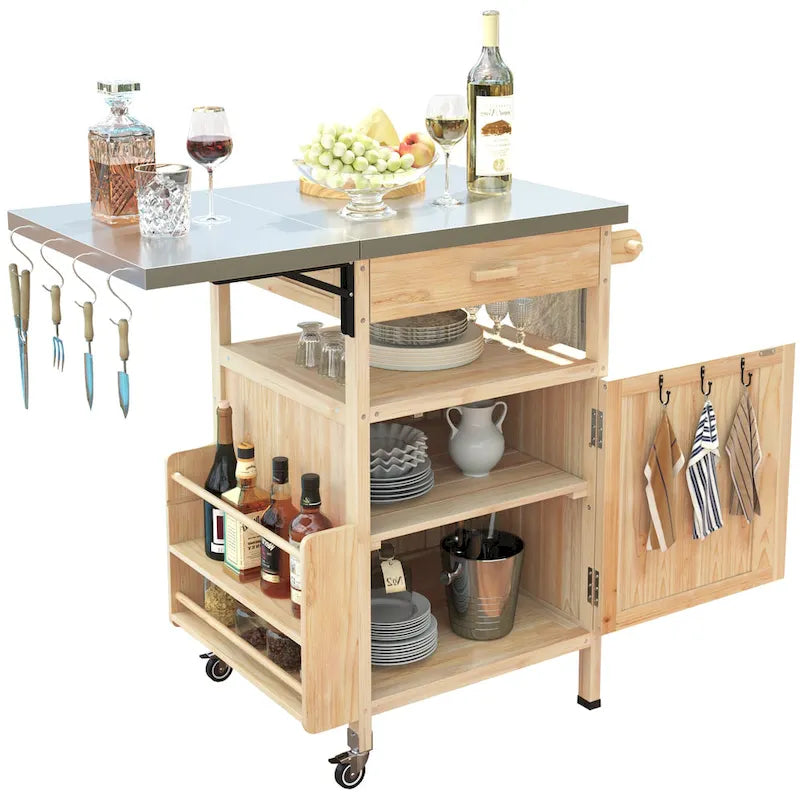 40.5 Outdoor Grill Cart with Stainless Steel Top, Drop Leaf, One Drawer, Towel Rack, Rolling Kitchen Cart with Lockable Wheels