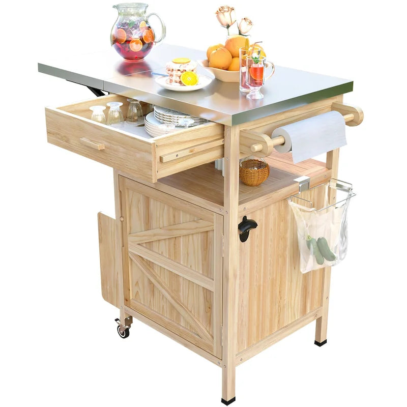 40.5 Outdoor Grill Cart with Stainless Steel Top, Drop Leaf, One Drawer, Towel Rack, Rolling Kitchen Cart with Lockable Wheels