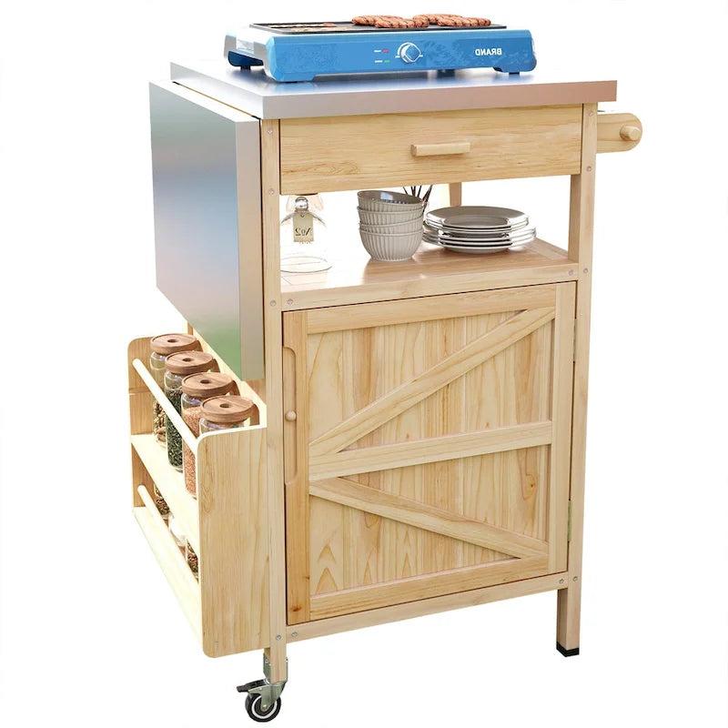 40.5 Outdoor Grill Cart with Stainless Steel Top, Drop Leaf, One Drawer, Towel Rack, Rolling Kitchen Cart with Lockable Wheels