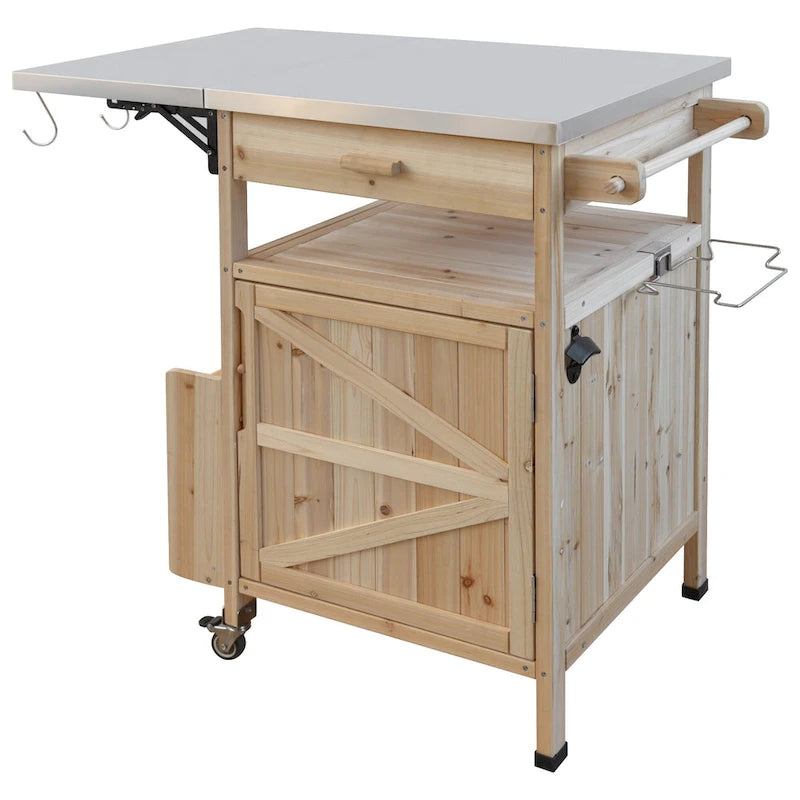 40.5 Outdoor Grill Cart with Stainless Steel Top, Drop Leaf, One Drawer, Towel Rack, Rolling Kitchen Cart with Lockable Wheels