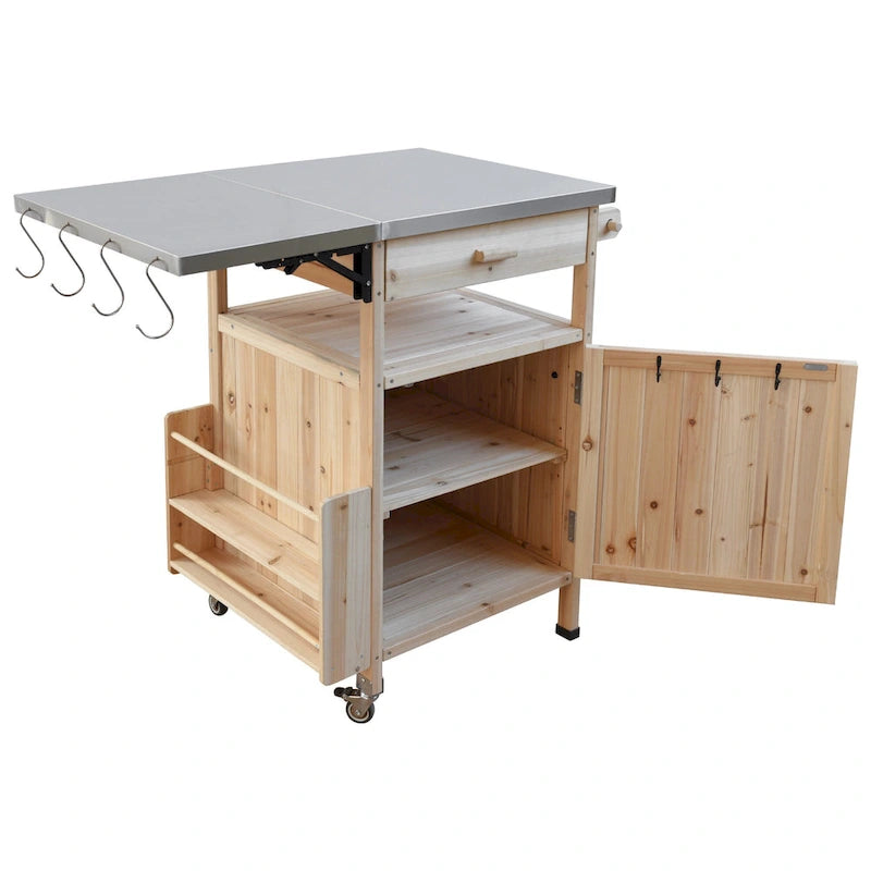 40.5 Outdoor Grill Cart with Stainless Steel Top, Drop Leaf, One Drawer, Towel Rack, Rolling Kitchen Cart with Lockable Wheels