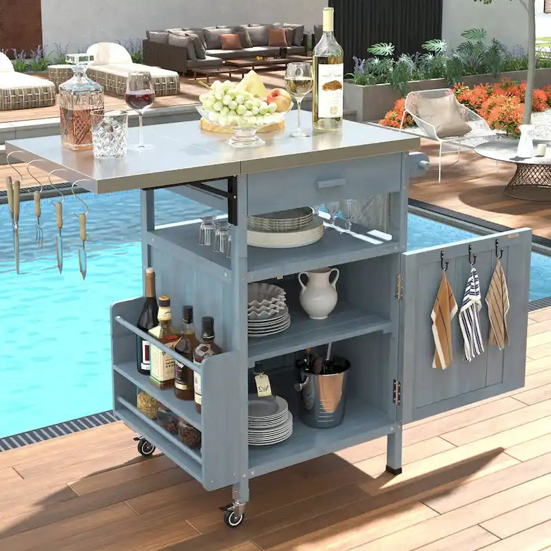 40.5 Outdoor Grill Cart with Stainless Steel Top, Drop Leaf, One Drawer, Towel Rack, Rolling Kitchen Cart with Lockable Wheels