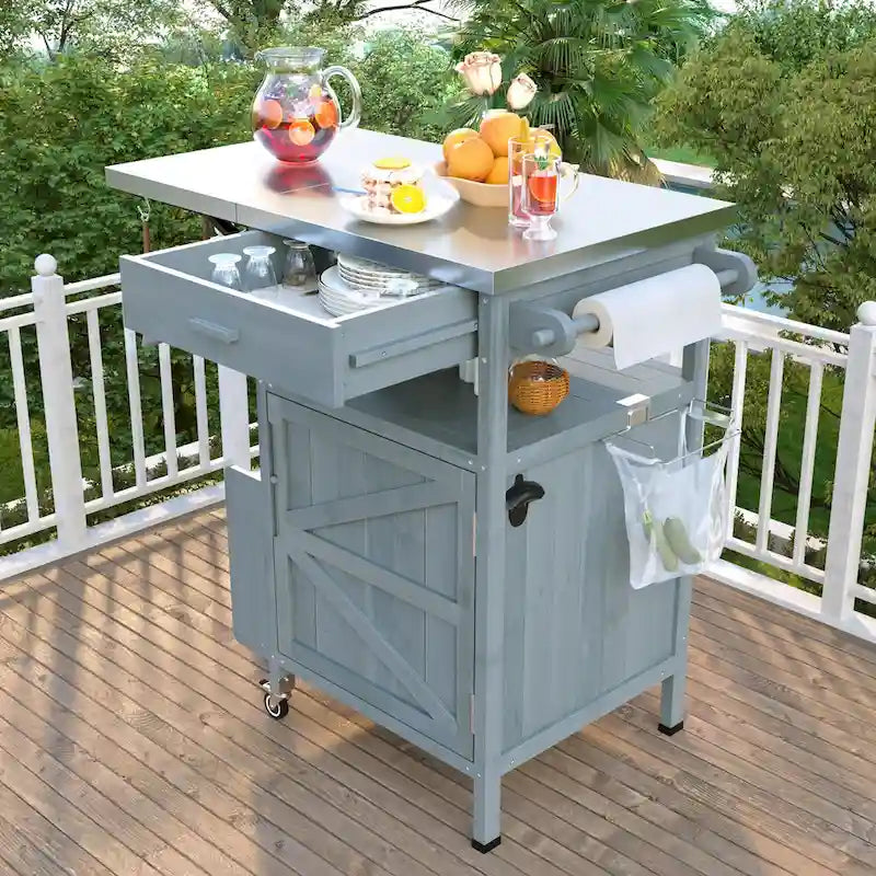 40.5 Outdoor Grill Cart with Stainless Steel Top, Drop Leaf, One Drawer, Towel Rack, Rolling Kitchen Cart with Lockable Wheels
