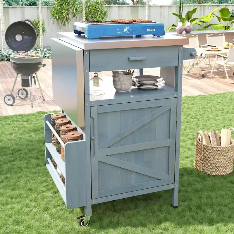 40.5 Outdoor Grill Cart with Stainless Steel Top, Drop Leaf, One Drawer, Towel Rack, Rolling Kitchen Cart with Lockable Wheels