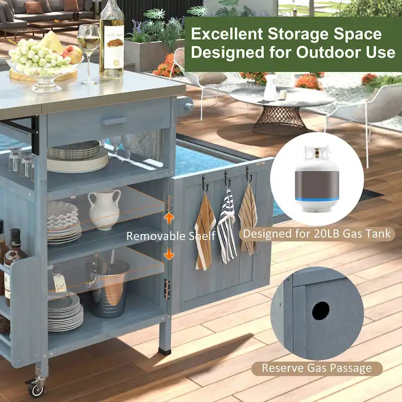 40.5 Outdoor Grill Cart with Stainless Steel Top, Drop Leaf, One Drawer, Towel Rack, Rolling Kitchen Cart with Lockable Wheels