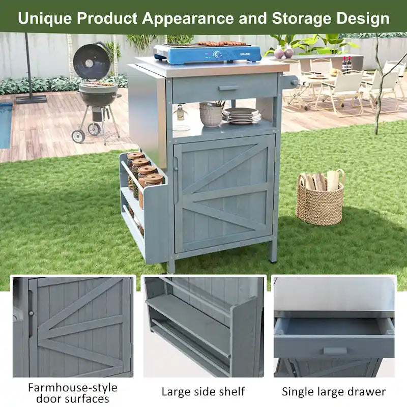 40.5 Outdoor Grill Cart with Stainless Steel Top, Drop Leaf, One Drawer, Towel Rack, Rolling Kitchen Cart with Lockable Wheels