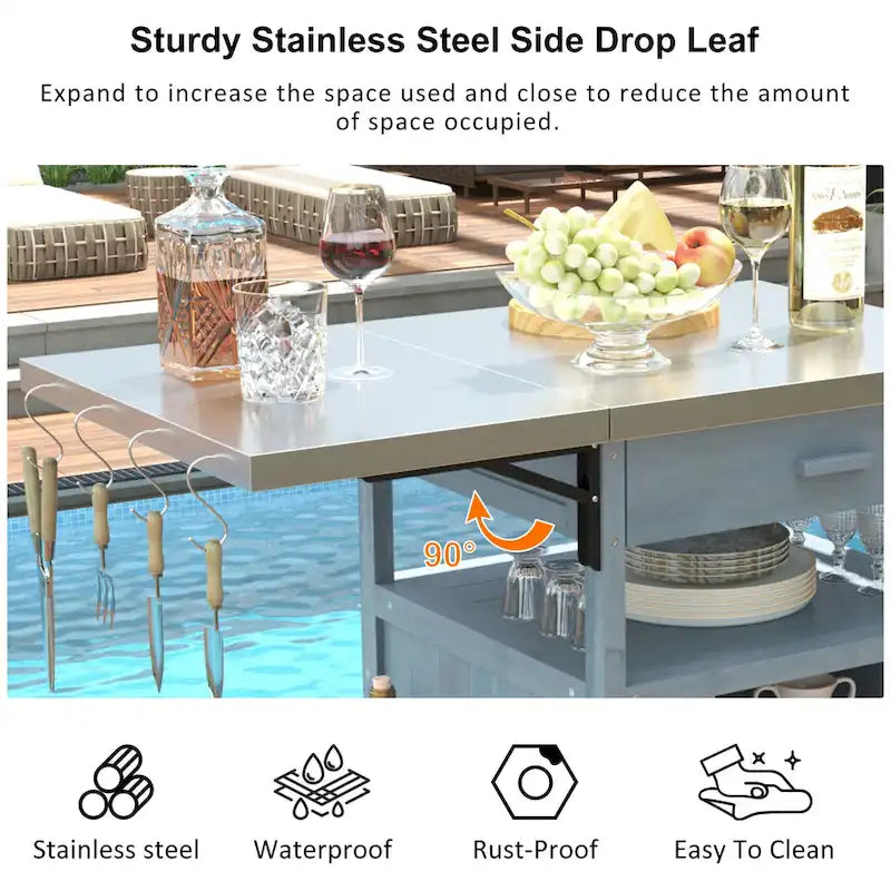 40.5 Outdoor Grill Cart with Stainless Steel Top, Drop Leaf, One Drawer, Towel Rack, Rolling Kitchen Cart with Lockable Wheels