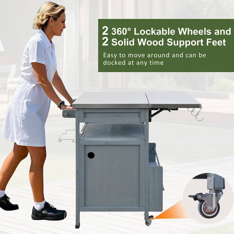 40.5 Outdoor Grill Cart with Stainless Steel Top, Drop Leaf, One Drawer, Towel Rack, Rolling Kitchen Cart with Lockable Wheels