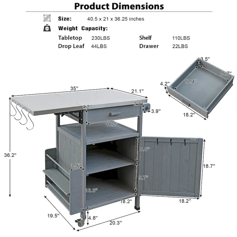 40.5 Outdoor Grill Cart with Stainless Steel Top, Drop Leaf, One Drawer, Towel Rack, Rolling Kitchen Cart with Lockable Wheels