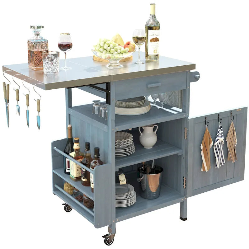 40.5 Outdoor Grill Cart with Stainless Steel Top, Drop Leaf, One Drawer, Towel Rack, Rolling Kitchen Cart with Lockable Wheels