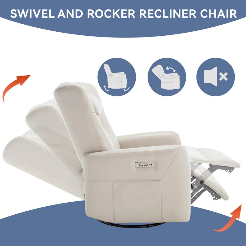 Leatheraire Swivel and Rocker Power Recliner Chair, Modern Single Recliner w/Lumbar & Neck Support Pillow, USB and Type-C Ports