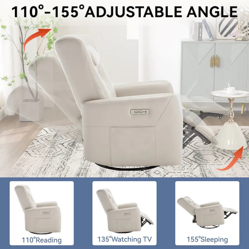 Leatheraire Swivel and Rocker Power Recliner Chair, Modern Single Recliner w/Lumbar & Neck Support Pillow, USB and Type-C Ports