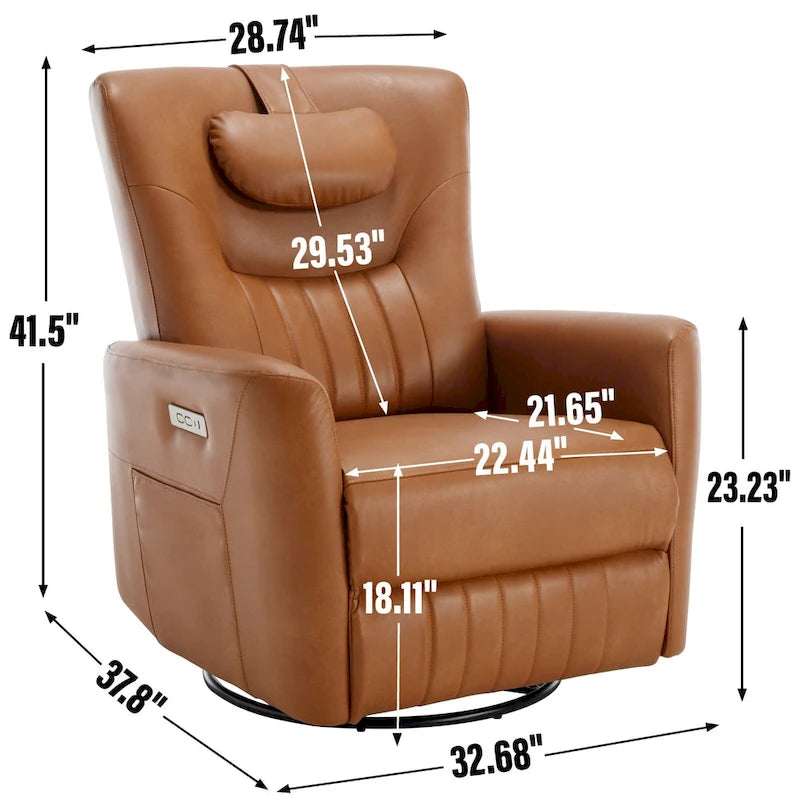 Leatheraire Swivel and Rocker Power Recliner Chair, Modern Single Recliner w/Lumbar & Neck Support Pillow, USB and Type-C Ports