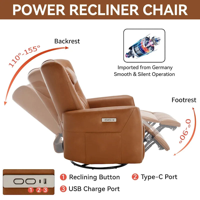 Leatheraire Swivel and Rocker Power Recliner Chair, Modern Single Recliner w/Lumbar & Neck Support Pillow, USB and Type-C Ports