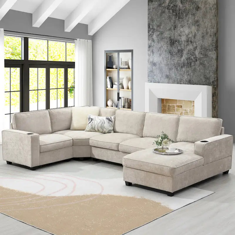 U Shaped Sectional Sofa, Chenille Corner Couch Set with Cup Holders