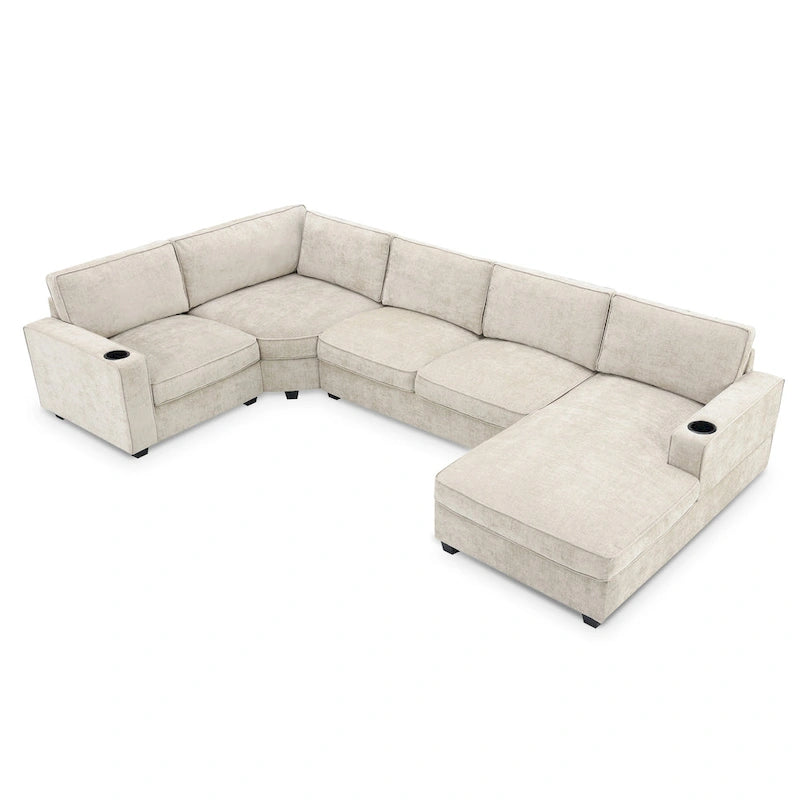 U Shaped Sectional Sofa, Chenille Corner Couch Set with Cup Holders