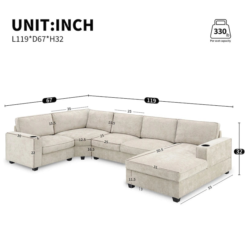U Shaped Sectional Sofa, Chenille Corner Couch Set with Cup Holders