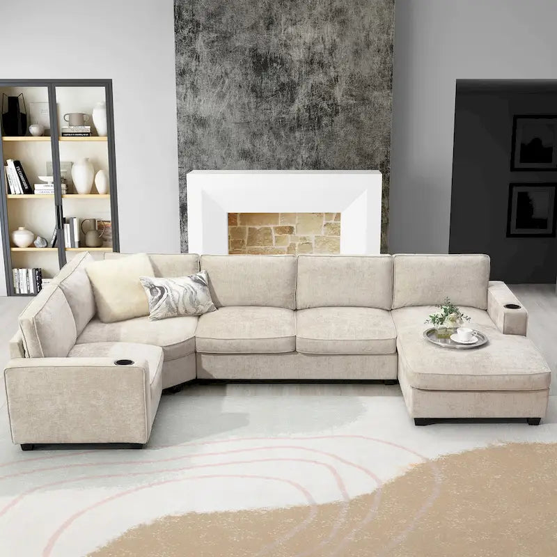 U Shaped Sectional Sofa, Chenille Corner Couch Set with Cup Holders