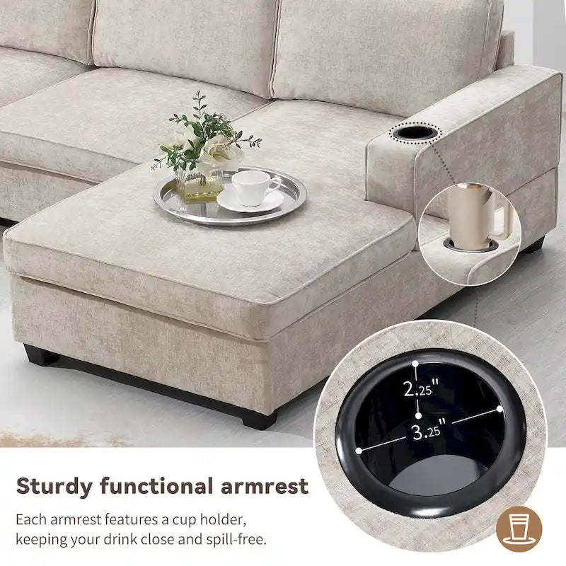 U Shaped Sectional Sofa, Chenille Corner Couch Set with Cup Holders
