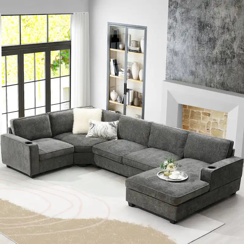 U Shaped Sectional Sofa, Chenille Corner Couch Set with Cup Holders