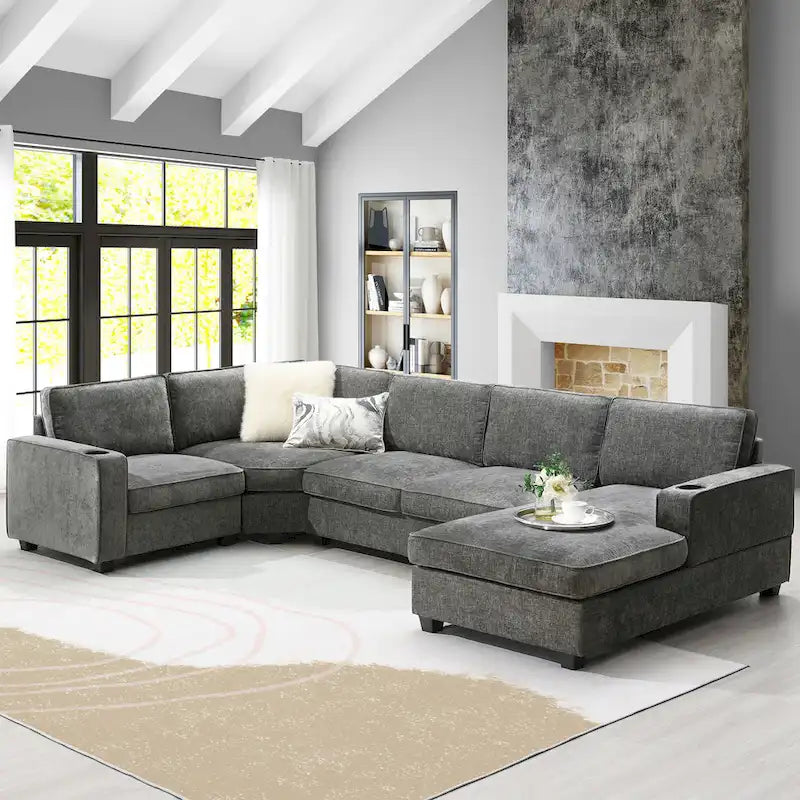 U Shaped Sectional Sofa, Chenille Corner Couch Set with Cup Holders