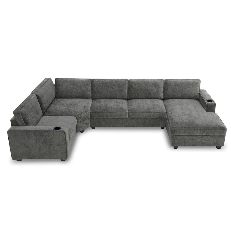 U Shaped Sectional Sofa, Chenille Corner Couch Set with Cup Holders