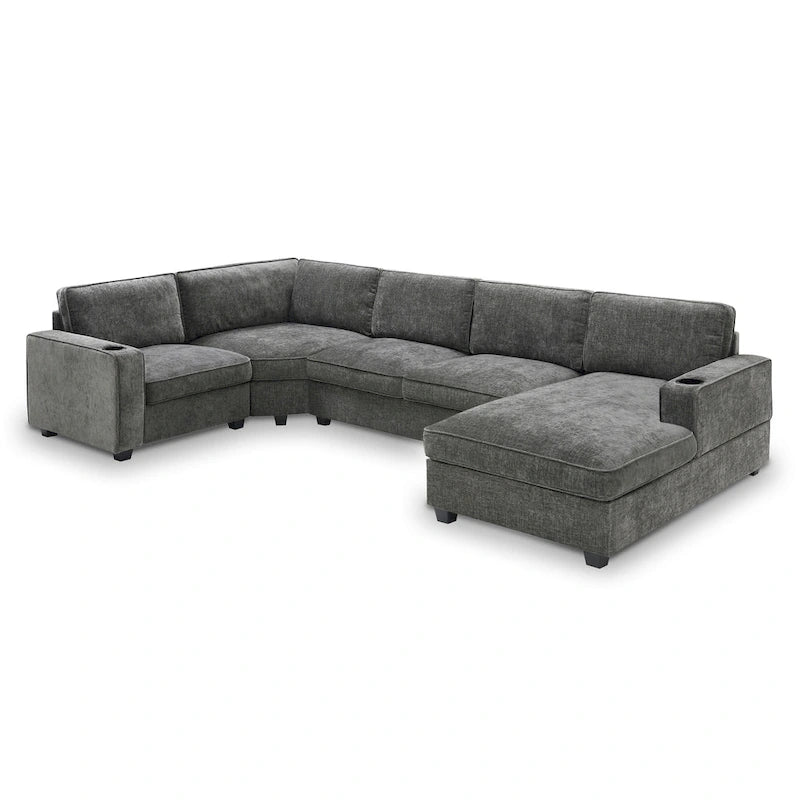 U Shaped Sectional Sofa, Chenille Corner Couch Set with Cup Holders