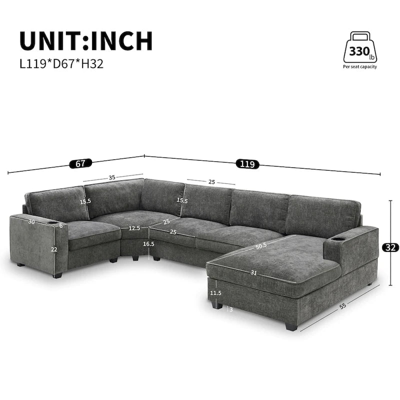 U Shaped Sectional Sofa, Chenille Corner Couch Set with Cup Holders